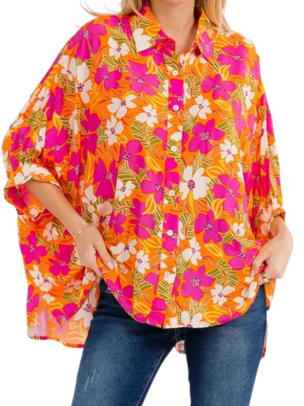 Floral Print Rayon Oversize Flowy Elbow Sleeve Button Down Orange/Pink